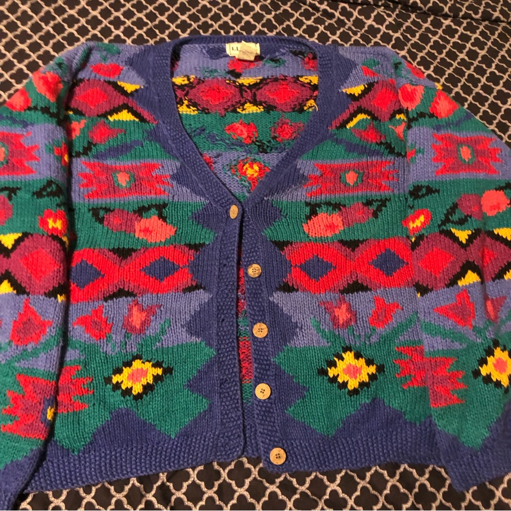 VTG L.L. Bean Woman’s Cardigan Colorful Sweater Geometric Blue Purple Sz Medium - Picture 1 of 11